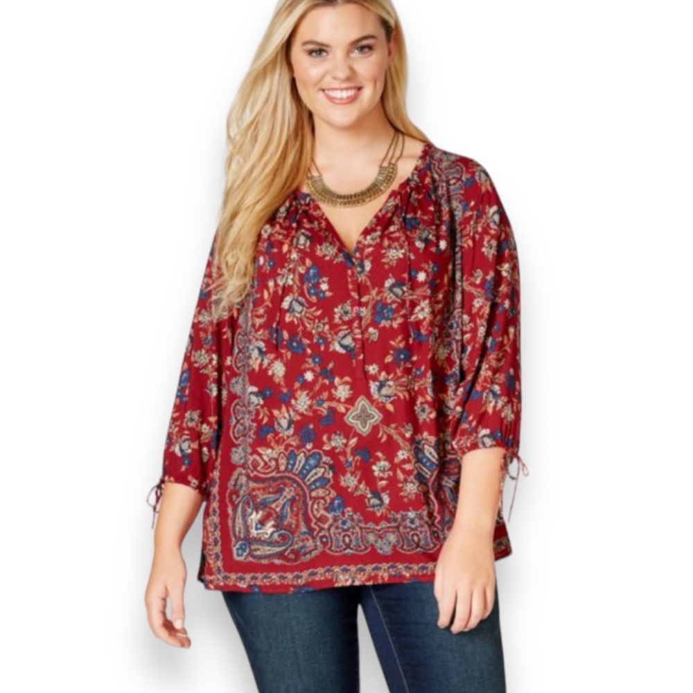 LUCKY BRAND Floral Self-Tie Cuff Floral Boho Chic Henley Peasant Blouse Medium